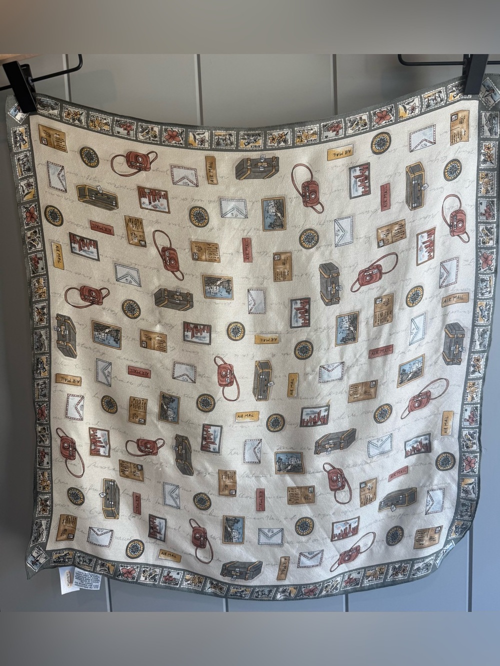 Talbots 100% Silk Floral Square Scarf Logo Accent Cream Green 20”x20”